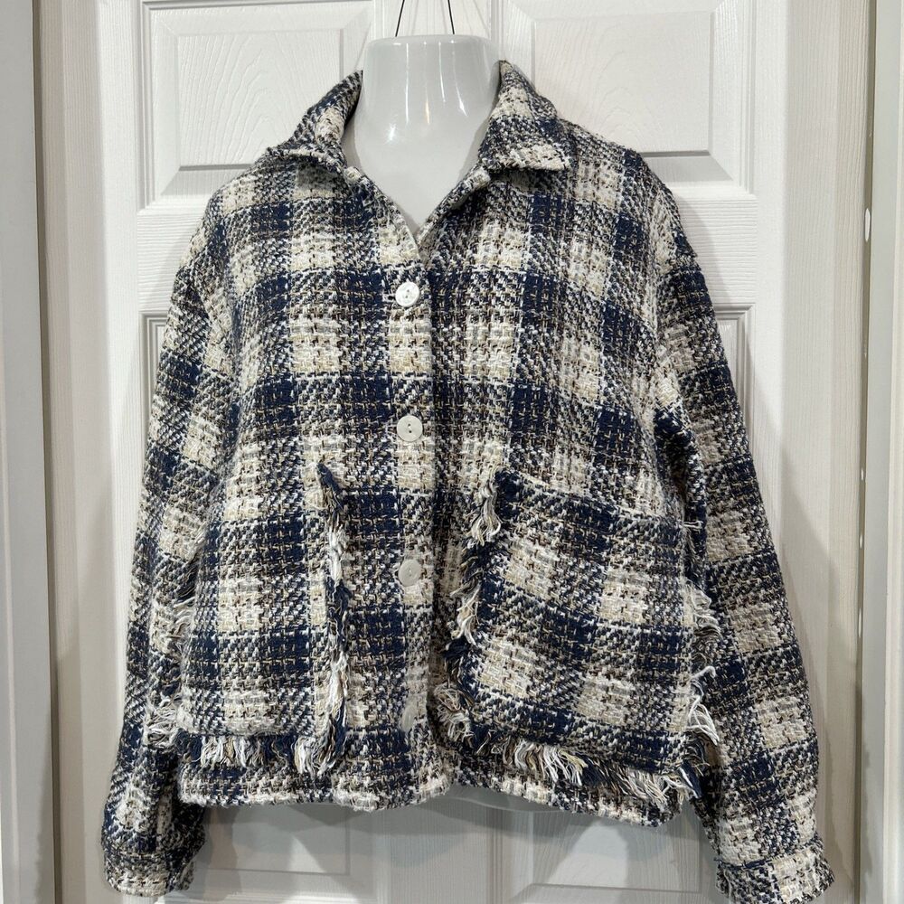 Blank NYC Chunky Plaid Woven Blanket Style Boxy Cropped Blazer Jacket XL